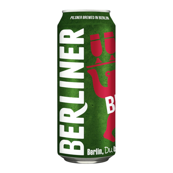 Green beer can with red graphic and 'BERLINER' branding on a white background