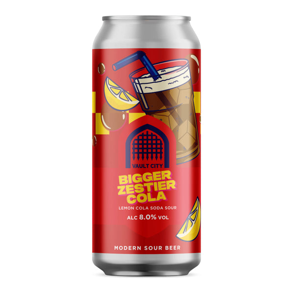 Can of Bigger Zestier Cola with colorful design on a white background