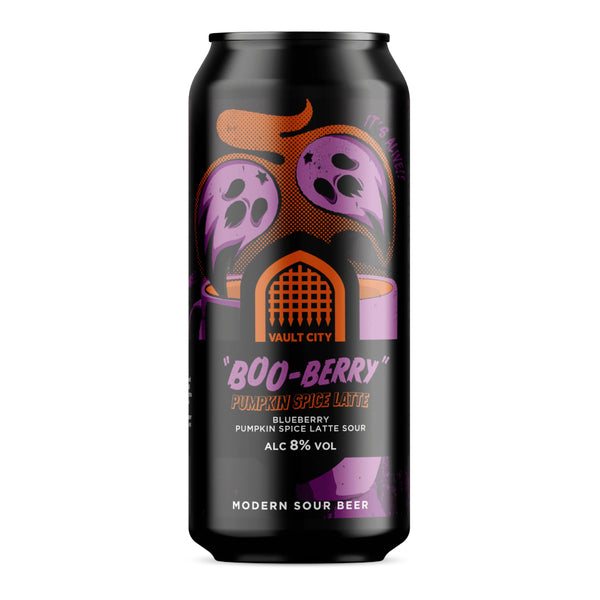 A black aluminum can of Vault City 'Boo-Berry' Pumpkin Spice Latte, featuring a Halloween-themed label with purple ghosts, orange accents, and a pumpkin illustration on a white background.