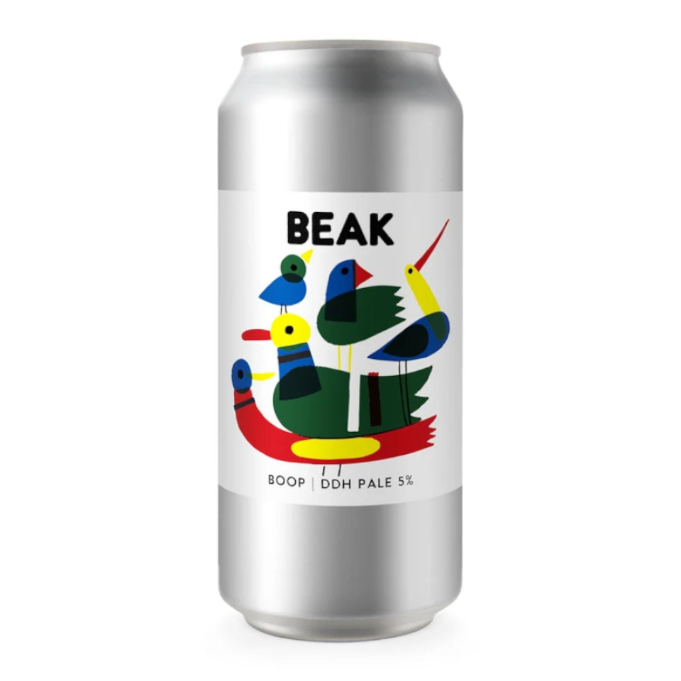 A silver aluminum beer can with a white label featuring colorful duck and bird illustrations and the text 'BEAK' and 'BOOP | DDH PALE 5%'.