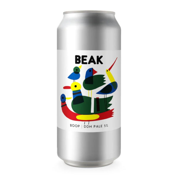 A silver aluminum beer can with a white label featuring colorful duck and bird illustrations and the text 'BEAK' and 'BOOP | DDH PALE 5%'.