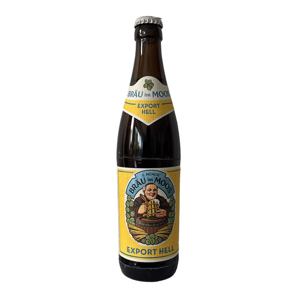 A bottle of Brau im Moo Export Hell beer on a plain white background. The dark brown glass bottle features a yellow label with a central illustration of a man holding a beer mug.