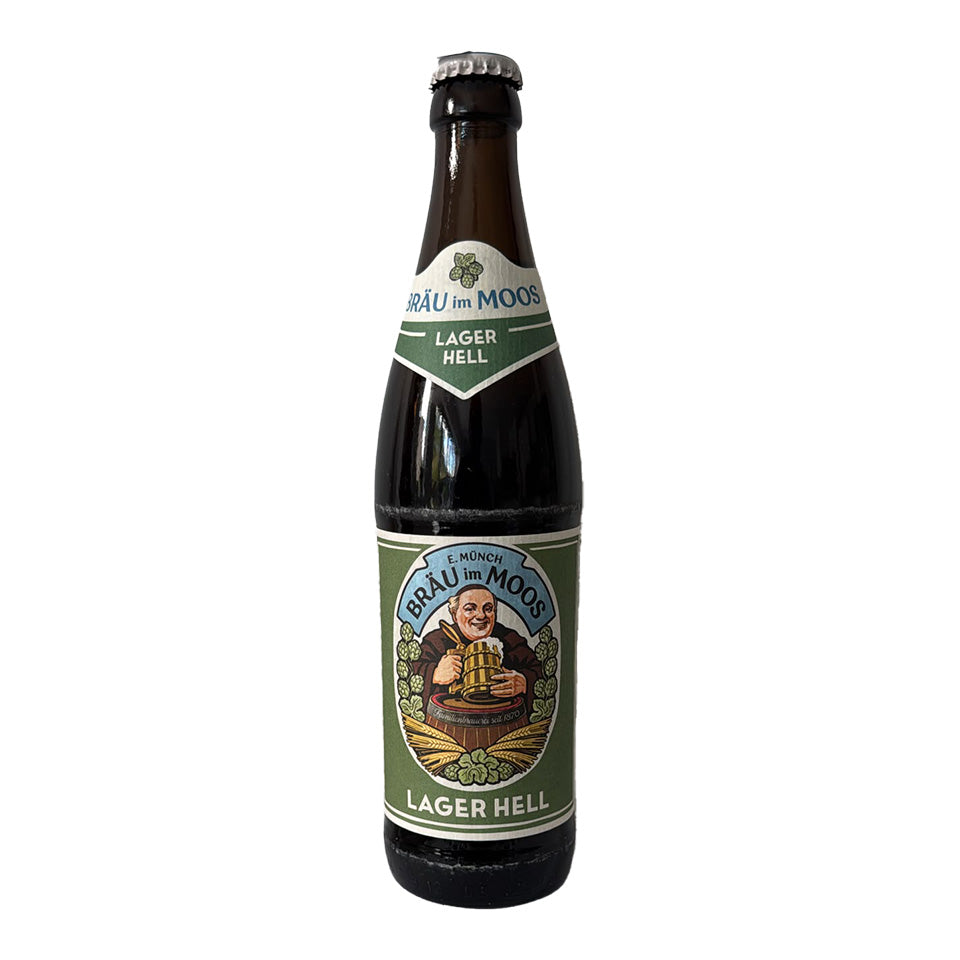 A dark brown glass bottle of Brau im Moo Lager Hell beer with a green and white label, set against a plain white background.