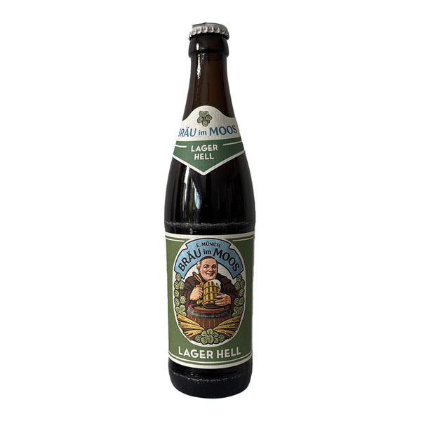 A dark brown glass bottle of Brau im Moo Lager Hell beer with a green and white label, set against a plain white background.