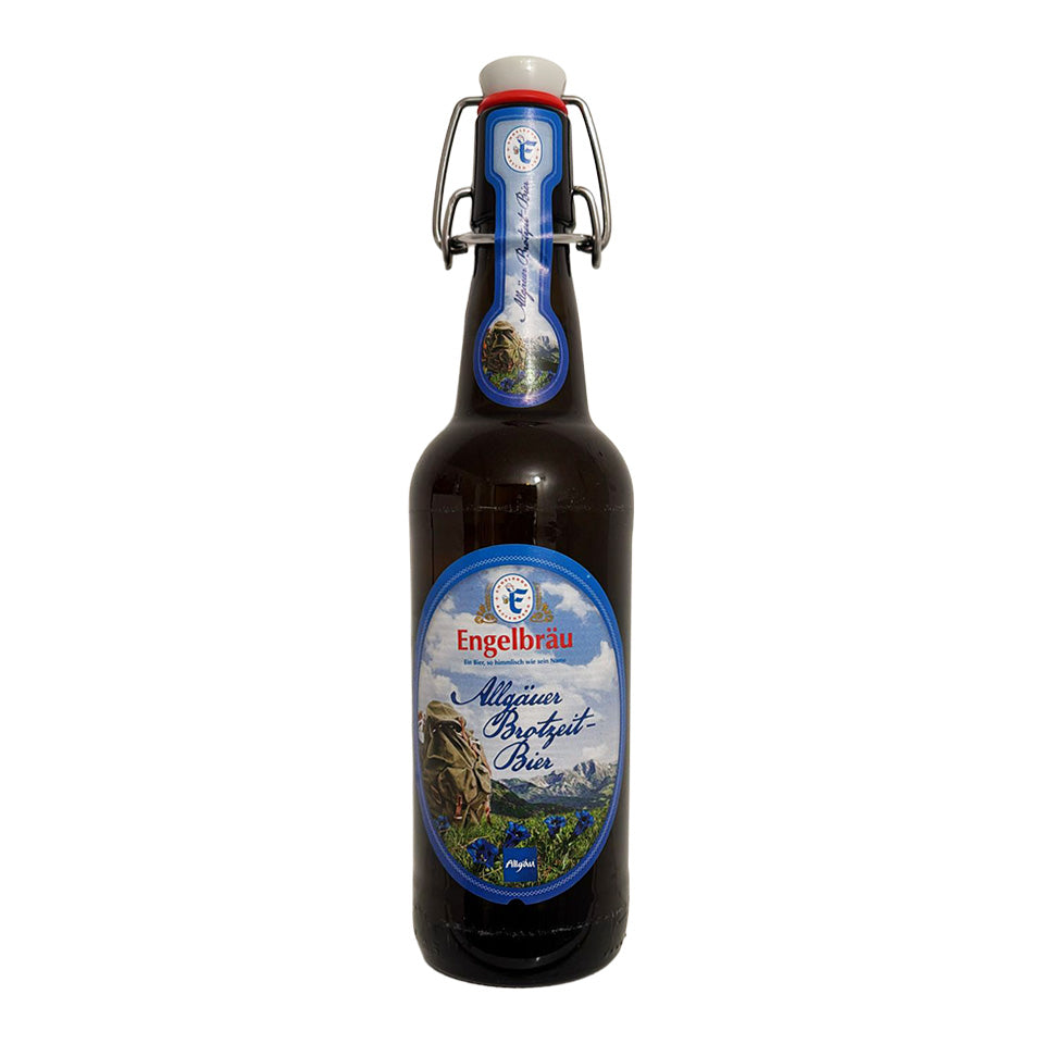 Bottle of Engelbrau beer with a decorative label on a white background