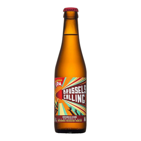 Beer bottle with 'Brussels Calling' label on a white background