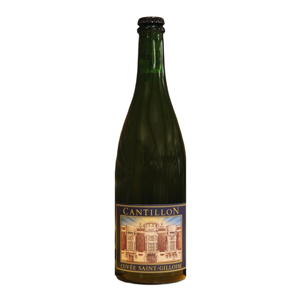 A dark green glass bottle of Cantillon Cuvée Saint-Gilloise wine, featuring a vintage-style label with a building illustration and gold lettering, set against a plain white background.