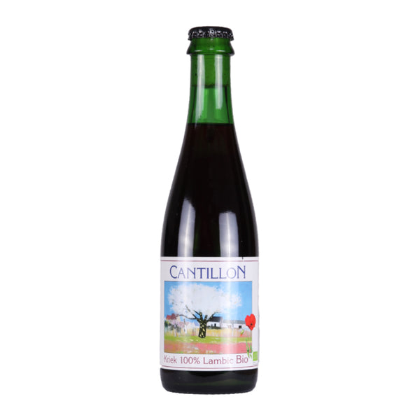 Bottle of Cantillon beer with a colorful label on a white background