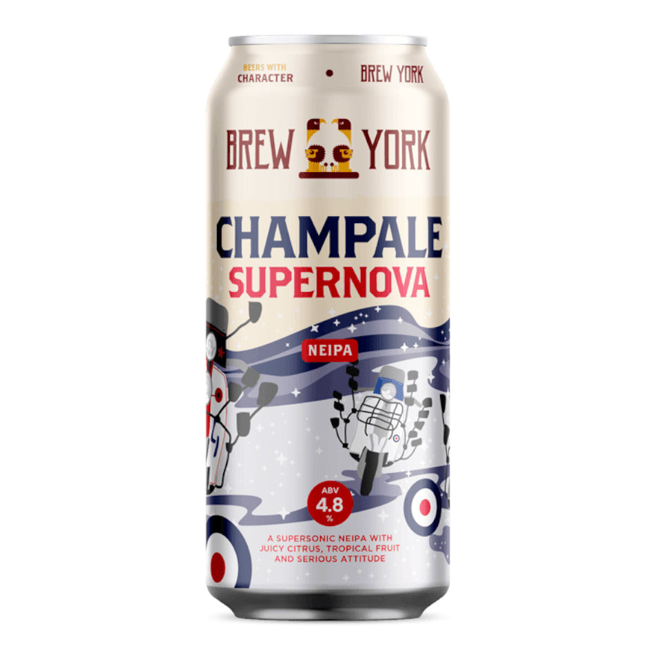 Can of Brew York, Champale Supernova, New England IPA, 4.8%, 440ml on a white background