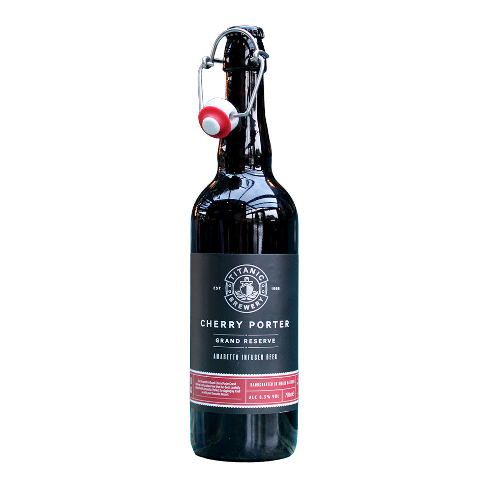 Bottle of Titanic Brewing Cherry Porter Grand Reserve on a white background