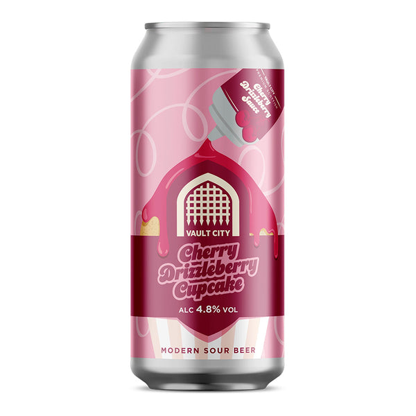 Can of Vault City Cherry Drizzleberry Cupcake beer on a white background