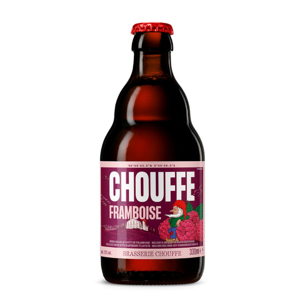 Chouffe Framboise beer bottle with a red cap on a white background