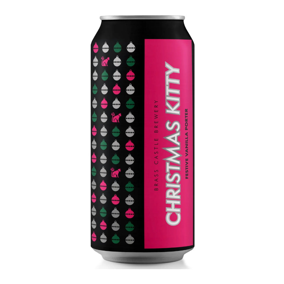 Can of Christmas Kitty Festiva Vanilla Porter with pink and black design on a white background