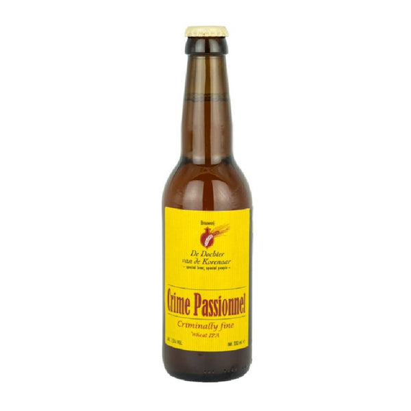 Brown beer bottle with a yellow label on a white background