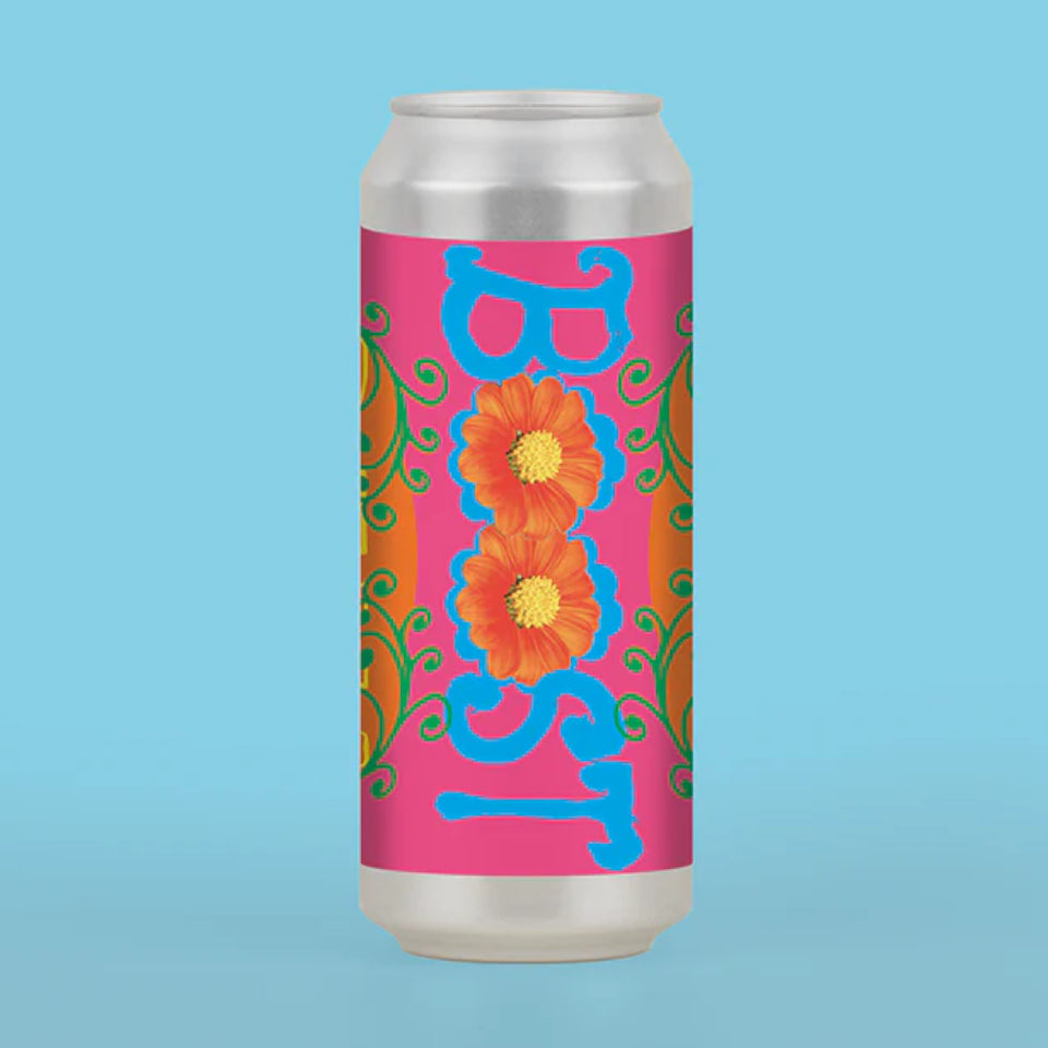 Silver can with colorful floral design on a blue background