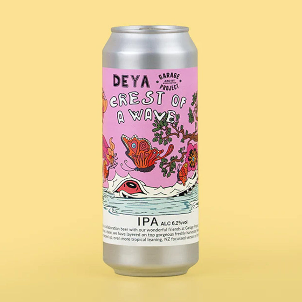 Silver can with pink label featuring 'Deya' branding on a yellow background