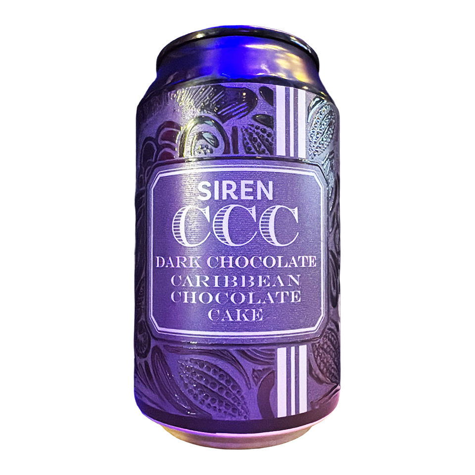 Can of Siren CCC Dark Chocolate Caribbean Chocolate Cake on a white background