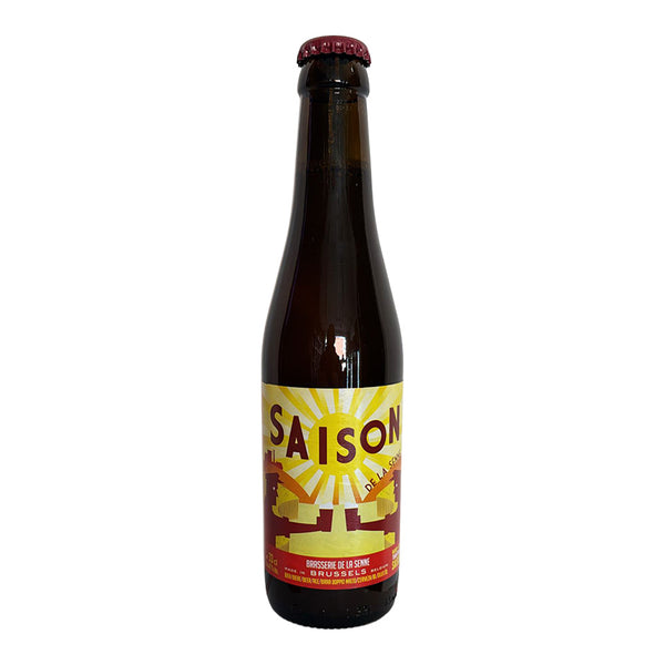 Bottle of Saison beer with a yellow label on a white background