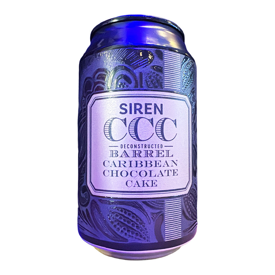 Blue can with a label reading 'Siren CCC Reconstructed Barrel Caribbean Chocolate Cake' on a white background