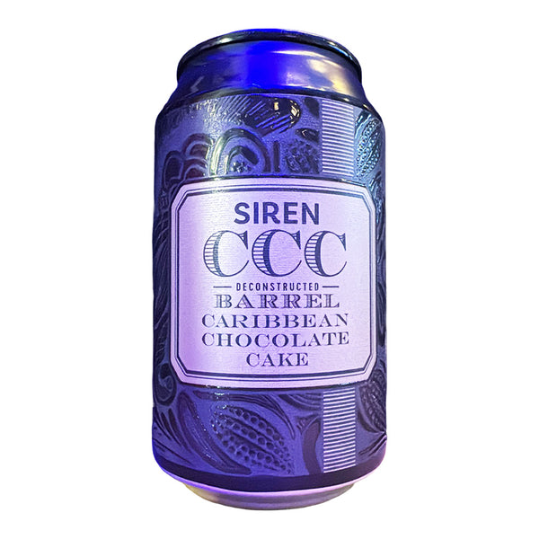 Blue can with a label reading 'Siren CCC Reconstructed Barrel Caribbean Chocolate Cake' on a white background