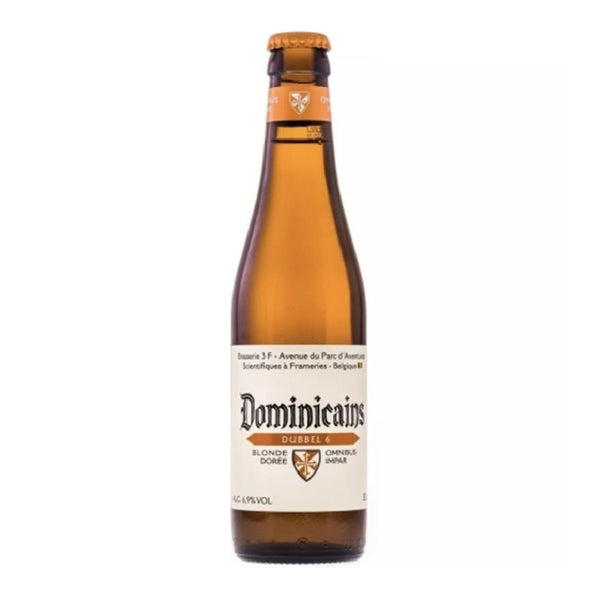 Bottle of Dominicains Dubbel beer on a white background