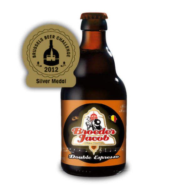 Broeder Jacob Double Espresso beer bottle with a 2012 Brussels Beer Challenge silver medal badge on a white background