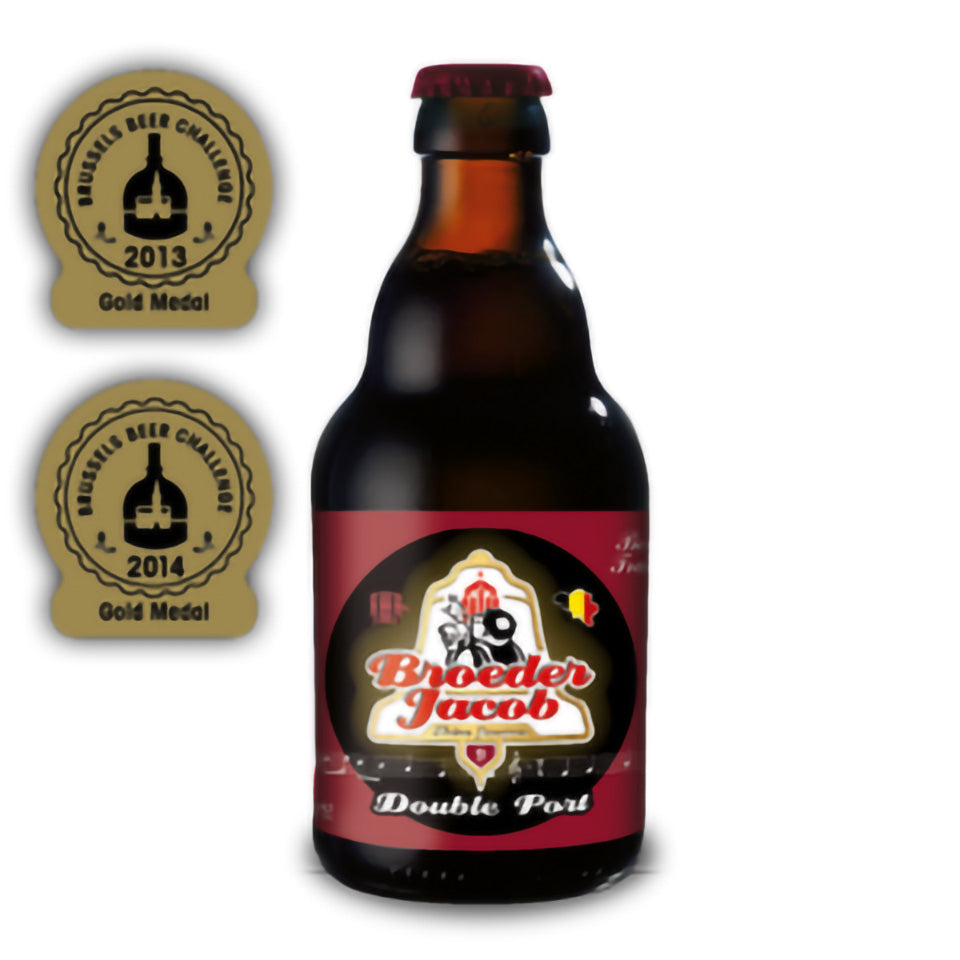 Broeder Jacob Double Port beer bottle with two gold medal awards on a white background