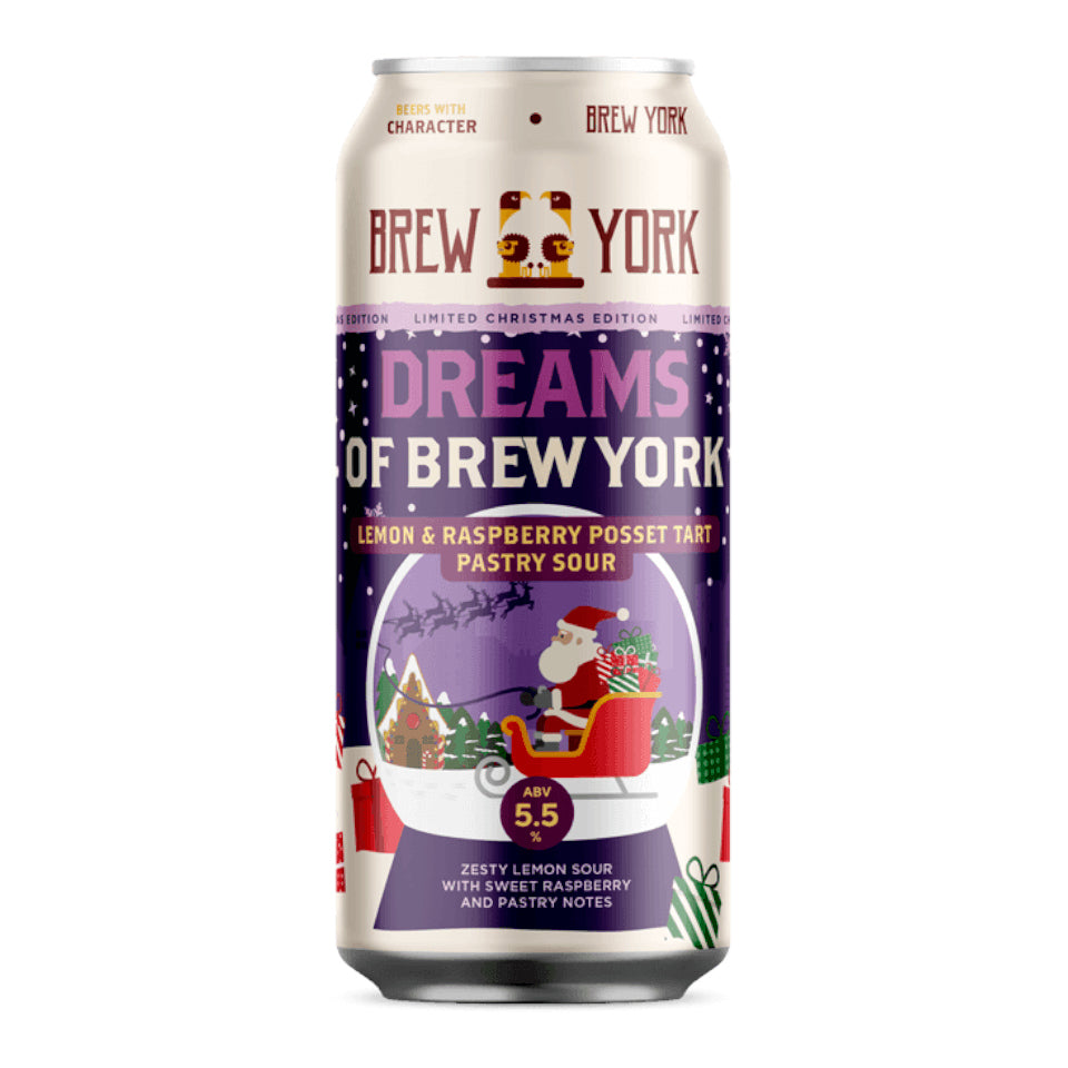 Can of. Brew York, Dreams of Brew York 2026, Lemon & Raspberry Posset Tart Pastry Sour, 5.5%, 440ml on a white background