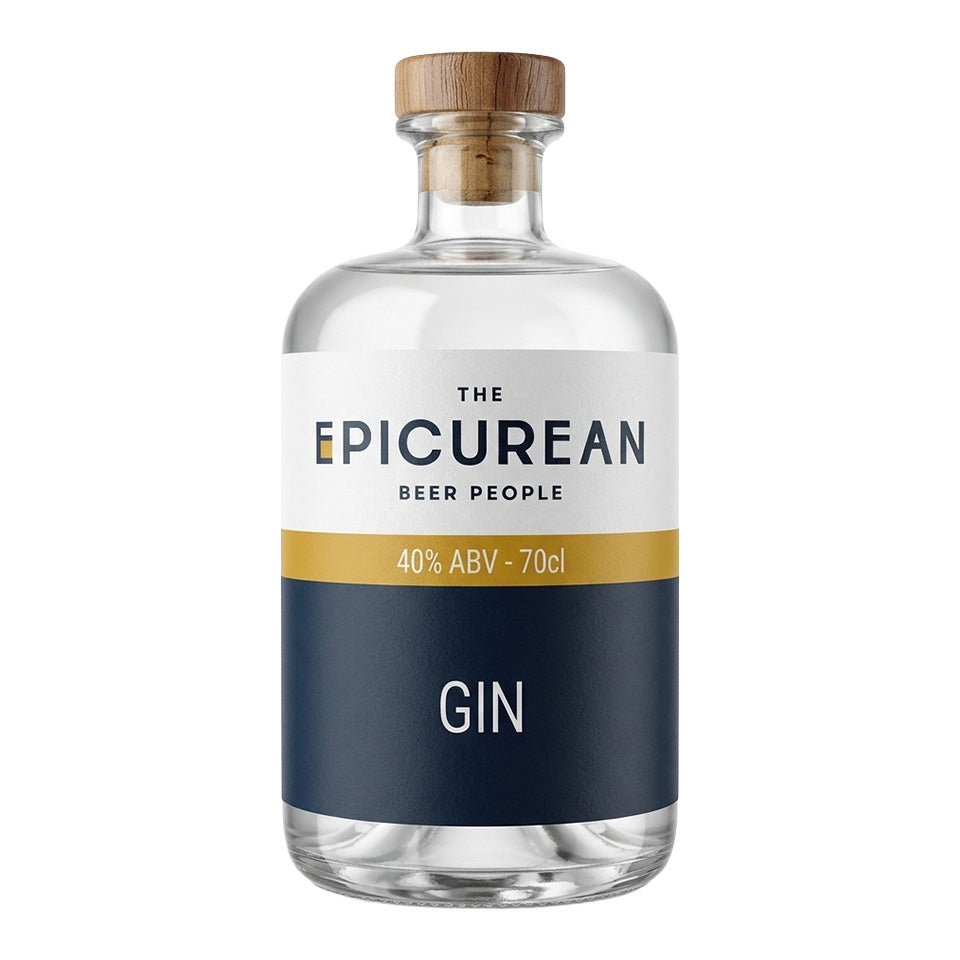 A clear glass bottle of GIN with a light brown wooden cork stopper and a white, navy blue, and gold label. The label reads 'THE EPICUREAN BEER PEOPLE' and 'GIN'.