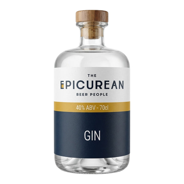 A clear glass bottle of GIN with a light brown wooden cork stopper and a white, navy blue, and gold label. The label reads 'THE EPICUREAN BEER PEOPLE' and 'GIN'.