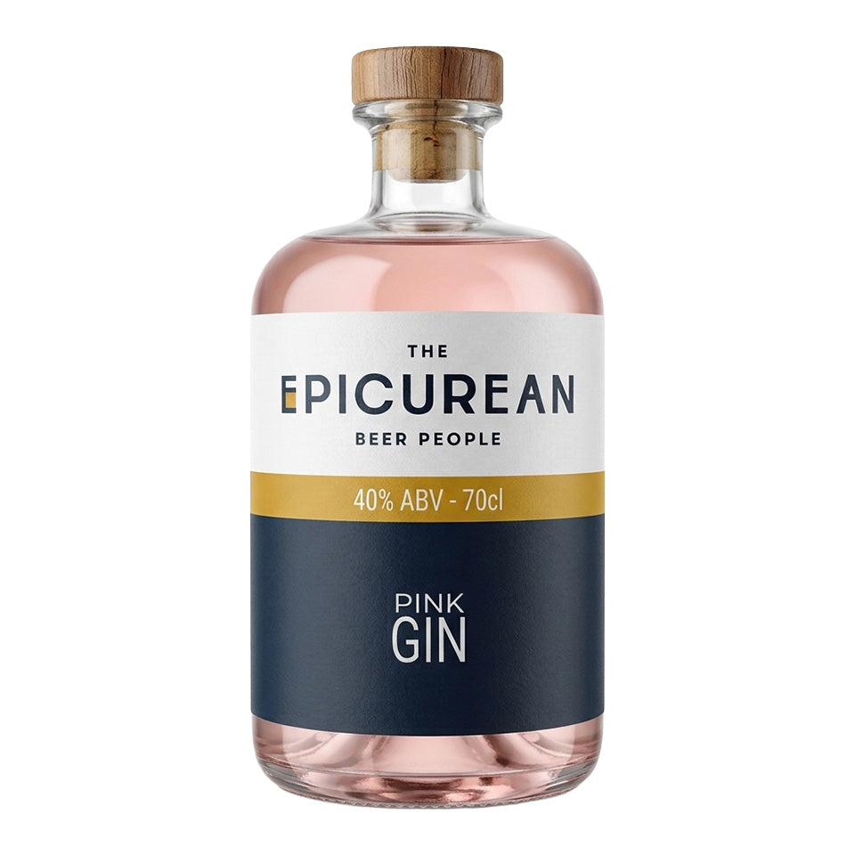 A bottle of The Epicurean Pink Gin with a light wood cap, clear glass body, and a label split horizontally into white and navy blue sections with a gold band.