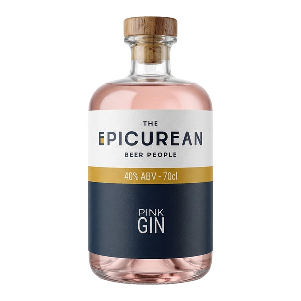 A bottle of The Epicurean Pink Gin with a light wood cap, clear glass body, and a label split horizontally into white and navy blue sections with a gold band.