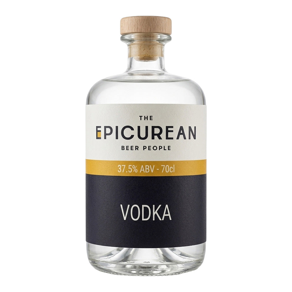 A clear glass bottle of Vodka by The Epicurean Beer People, featuring a light wood cap and a label split horizontally into white and dark navy sections with a gold band in the middle.
