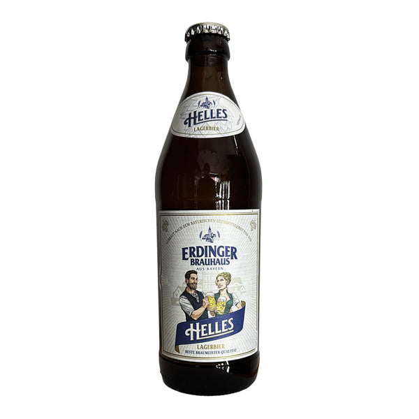 A single bottle of Erdinger Brauhaus Helles Lager beer in a dark brown glass bottle with a white and blue label, shown against a plain white background.