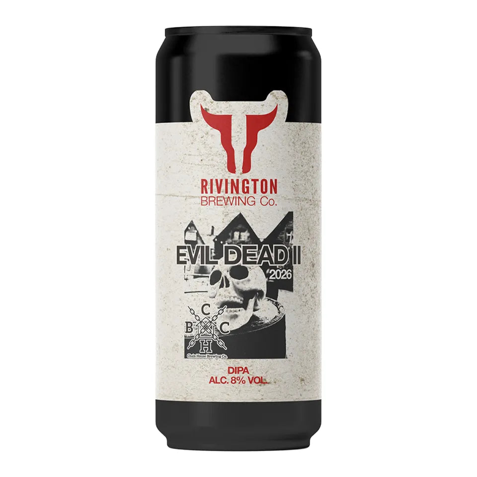 A can of Rivington Brewing Co, Evil Dead II 2026, DIPA, 8.0%, 500ml on a white background