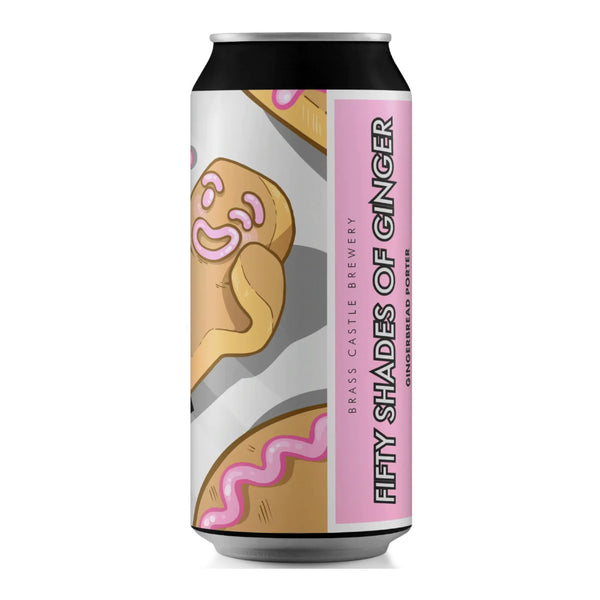 Beer can with gingerbread man design and 'Fifty Shades of Ginger' text on a white background