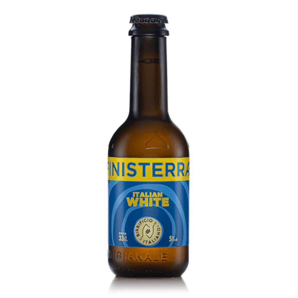 Brown bottle with yellow and blue label on a white background