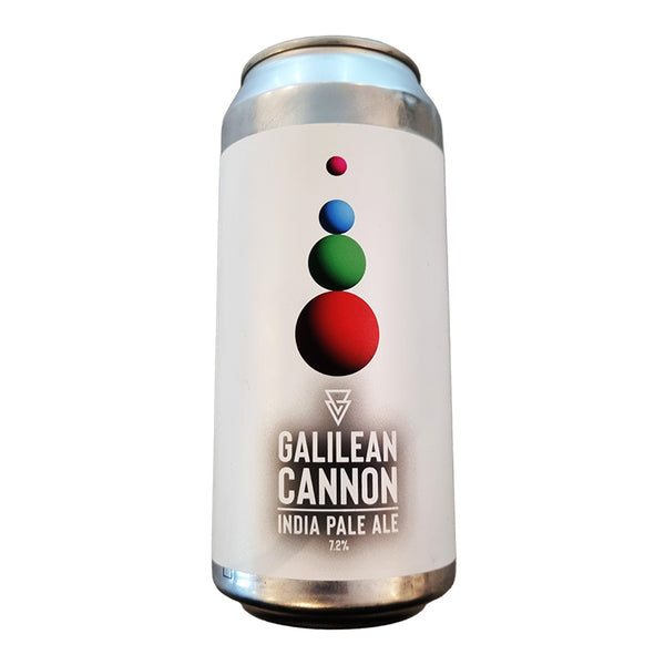 Can of Galilean Cannon India Pale Ale with colorful spheres on a white background