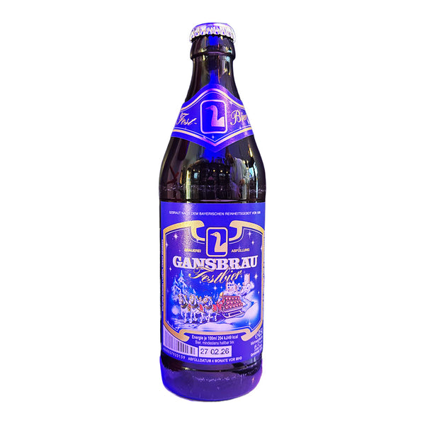 Gansbrau beer bottle with blue label on a white background
