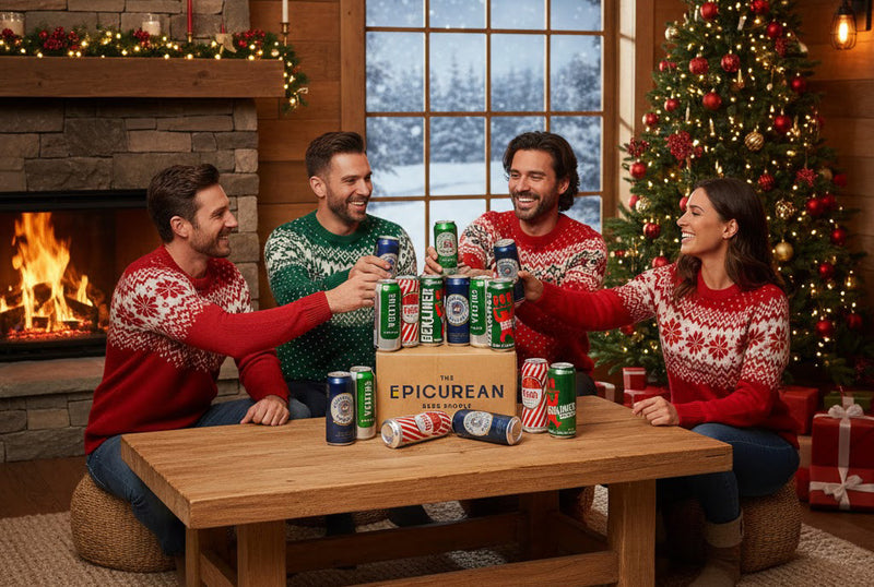 Four friends in festive sweaters gathered around a table with 'The Epicurean' beer box, Christmas tree, and fireplace in the background.