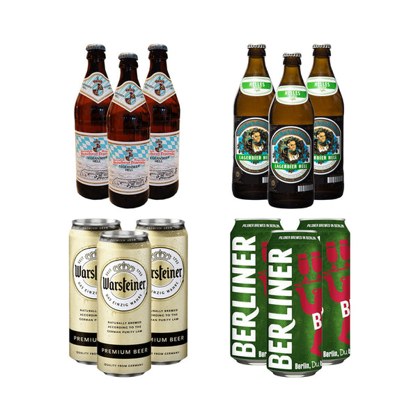 Collection of beer bottles and cans on a white background