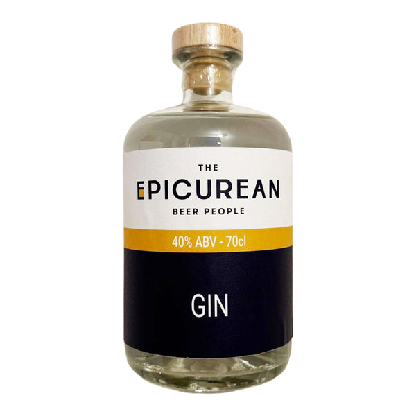 Bottle of 'The Epicurean Beer People' gin on a white background
