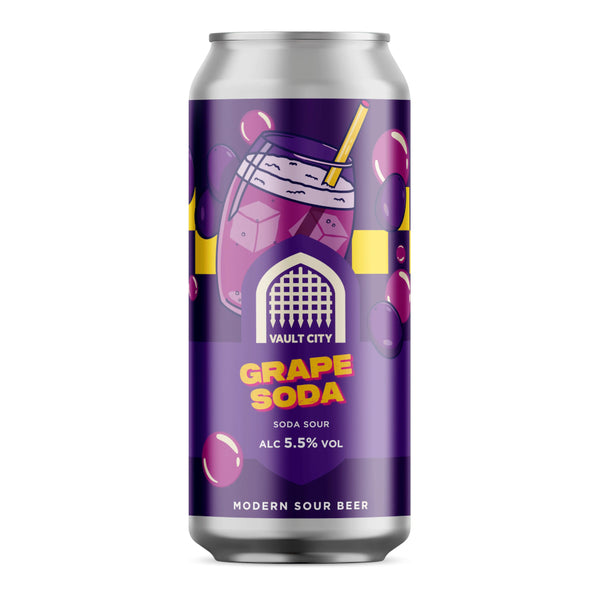 Grape soda can with colorful label on a white background