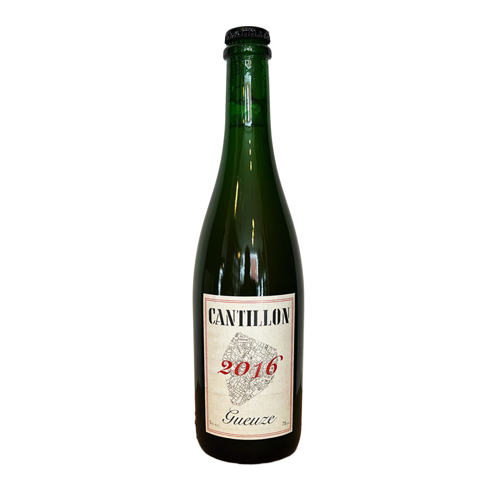 Green bottle of Cantillon 2016 Gueuze on a white background
