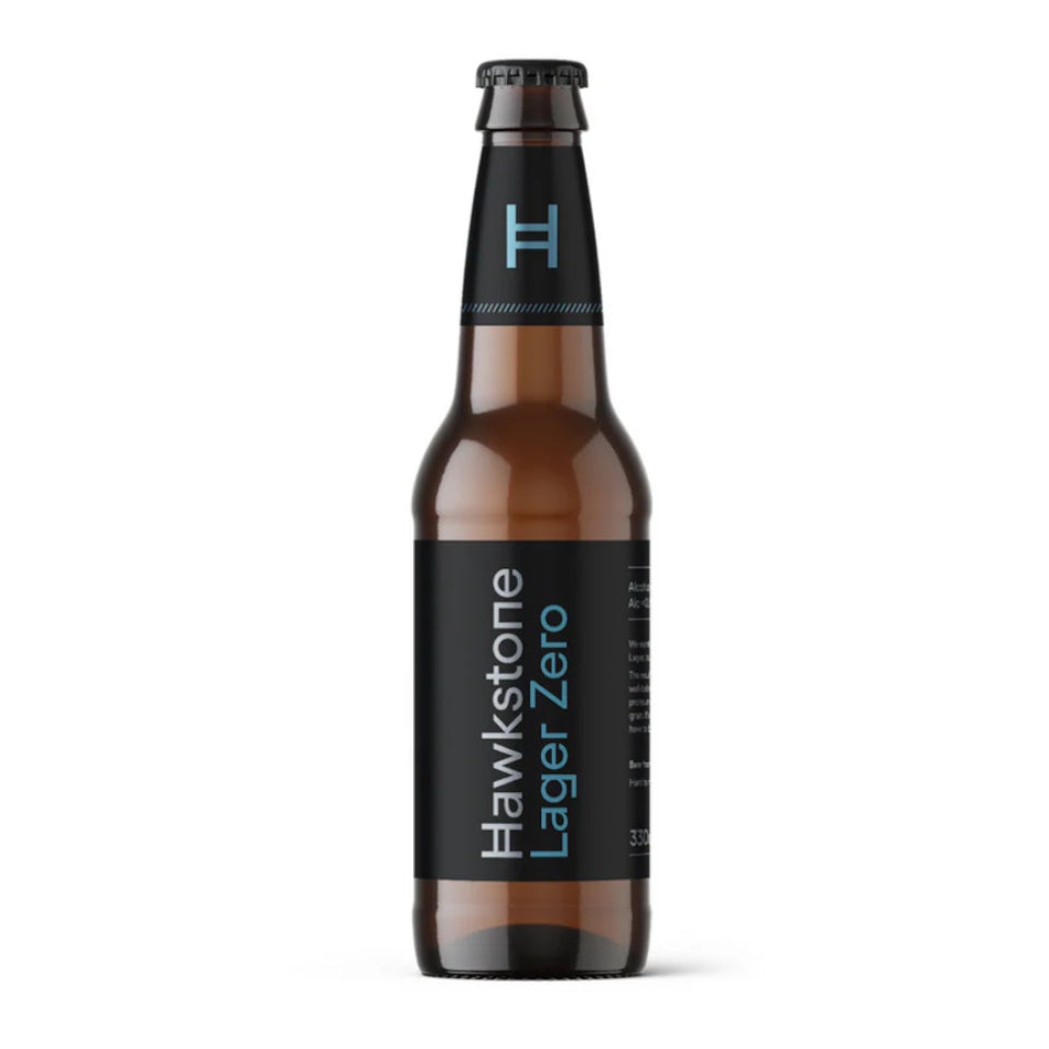Bottle of Hawkstone Lager Zero on a white background