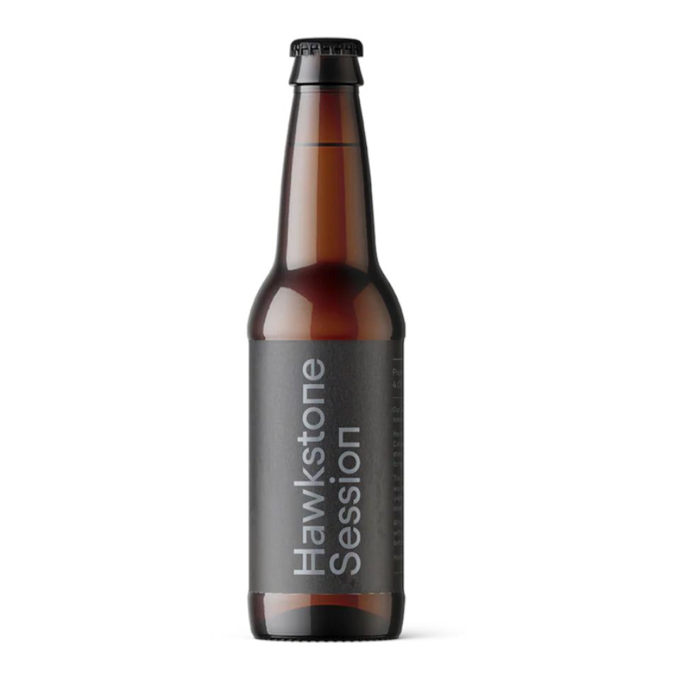 Brown beer bottle with a label on a white background