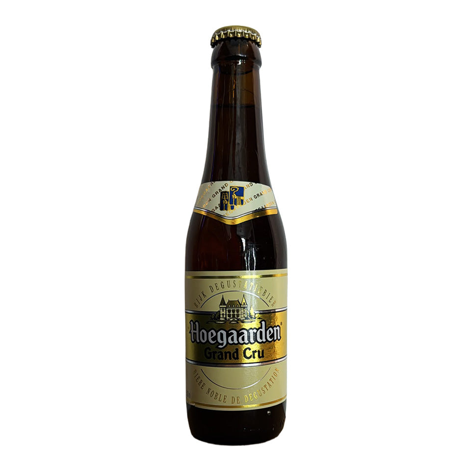 A single bottle of Hoegaarden Grand Cru beer on a plain white background.