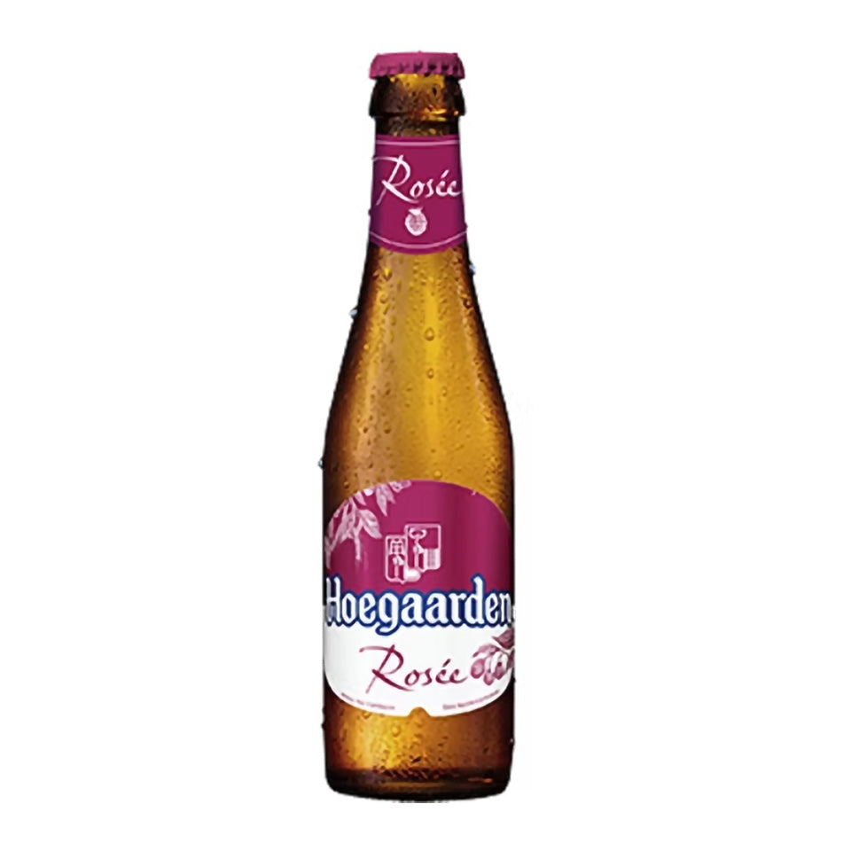 Bottle of Hoegaarden, Rosee, Raspberry Wheat Beer on a white background