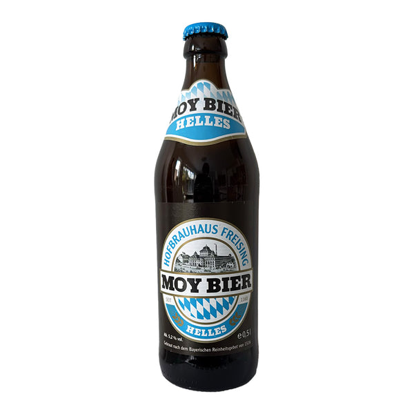 Beer bottle of Hofbrauhaus Freising Moy Bier on a white background