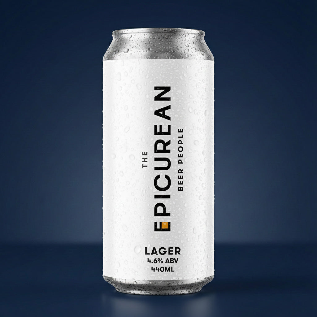 Epicurean Lager can on a dark blue background